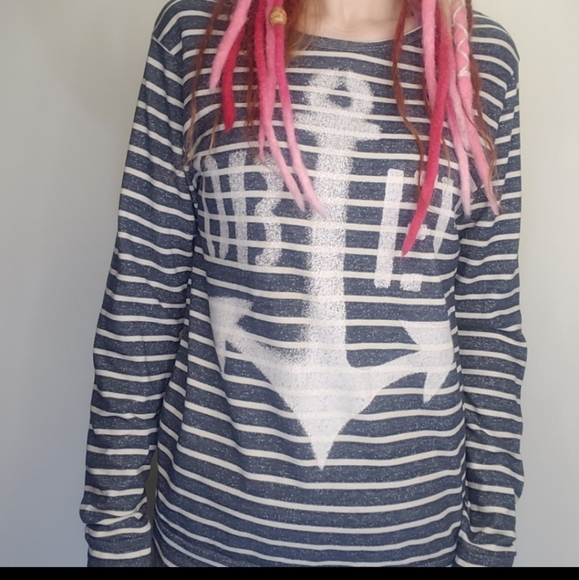 Obey Top Womens Long Sleeve Shirt Striped Blue Anchor Medium Spray Paint  NEW - Picture 3 of 10